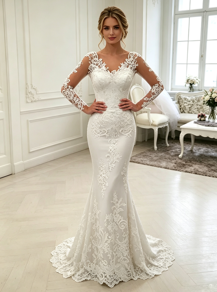 Stylish Wedding Gown With Illusion Sleeves,Luxurious Bridal Gown,WD00407