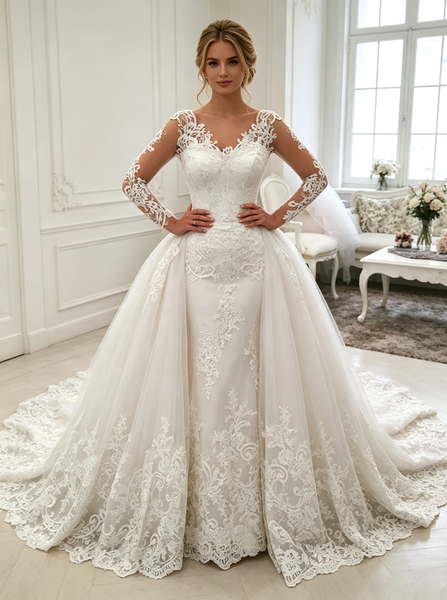 Stylish Wedding Gown With Illusion Sleeves,Luxurious Bridal Gown,WD00407