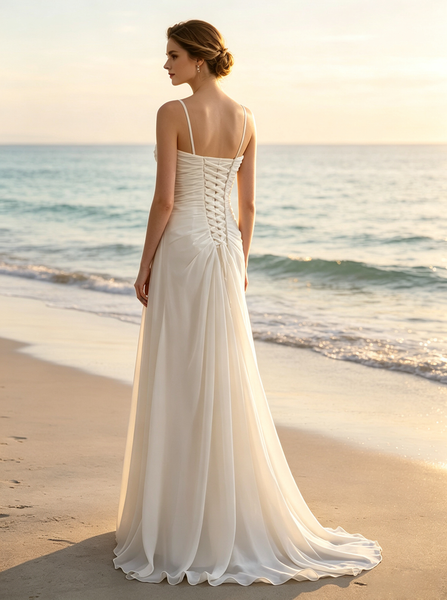 Ivory Chiffon Destination Wedding Dress,Beach Wedding Dress with Spaghetti Straps,WD00547