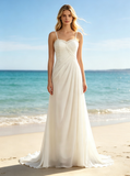 Ivory Chiffon Destination Wedding Dress,Beach Wedding Dress with Spaghetti Straps,WD00547