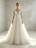 A-line Ivory V-neck Wedding Dresses,Princess Bridal Dress with Chapel Train,WD00546
