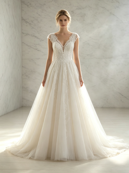A-line Ivory V-neck Wedding Dresses,Princess Bridal Dress with Chapel Train,WD00546