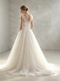 A-line Ivory V-neck Wedding Dresses,Princess Bridal Dress with Chapel Train,WD00546