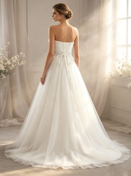 White Strapless Wedding Dresses,Tulle A-line Bridal Dress with Corset Back,WD00543