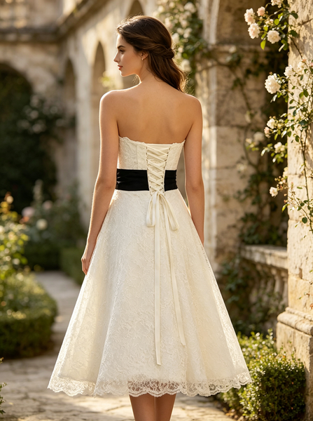 Knee Length Lace Wedding Reception Dresses,Strapless Short Wedding Dress,WD00540