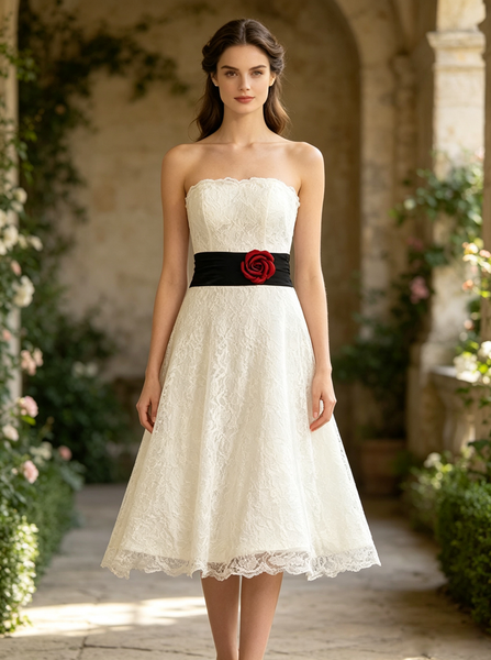 Knee Length Lace Wedding Reception Dresses,Strapless Short Wedding Dress,WD00540