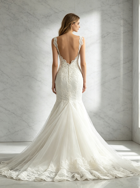 Ivory Mermaid Wedding Dress,Open Back Bridal Dress with Straps,WD00539