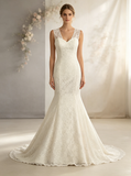 Mermaid Lace Wedding Dress with V-neck,Simple Lace Bridal Gown,WD00538