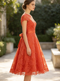 Orange A-line Lace Wedding Dresses,Knee Length Wedding Party Dress with Sash,WD00530