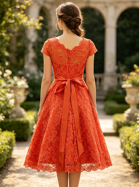 Orange A-line Lace Wedding Dresses,Knee Length Wedding Party Dress with Sash,WD00530