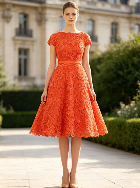 Orange A-line Lace Wedding Dresses,Knee Length Wedding Party Dress with Sash,WD00530