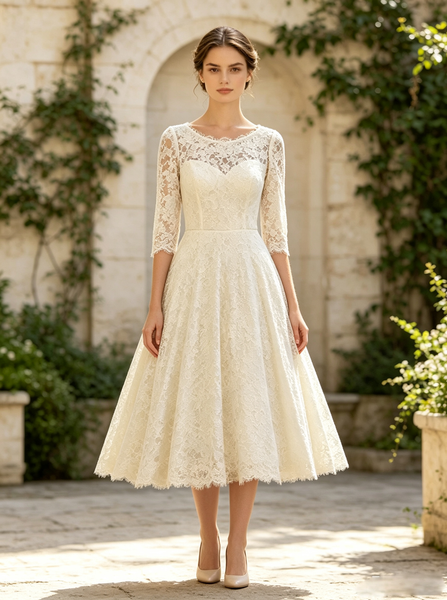 Vintage Lace Wedding Dress,Tea Length Wedding Dress with Sleeves,WD00529