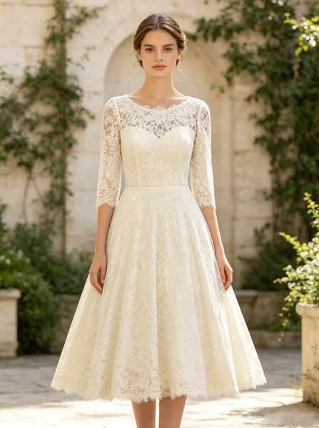 Vintage Lace Wedding Dress,Tea Length Wedding Dress with Sleeves,WD00529