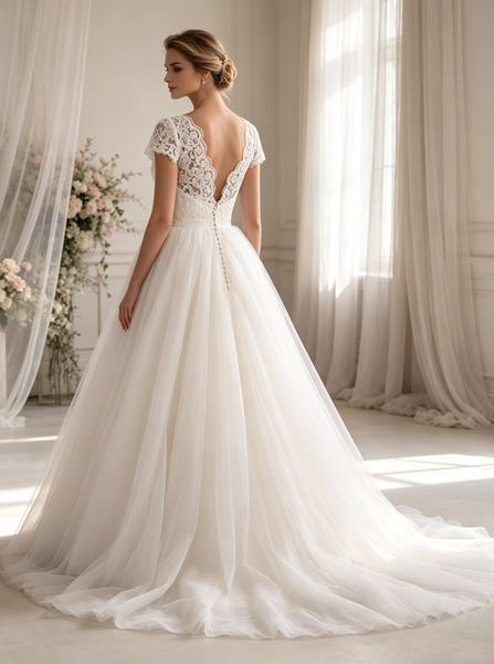Modest Wedding Dress with Short Sleeves,Simple Wedding Gown,WD00528