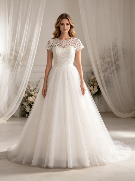 Modest Wedding Dress with Short Sleeves,Simple Wedding Gown,WD00528