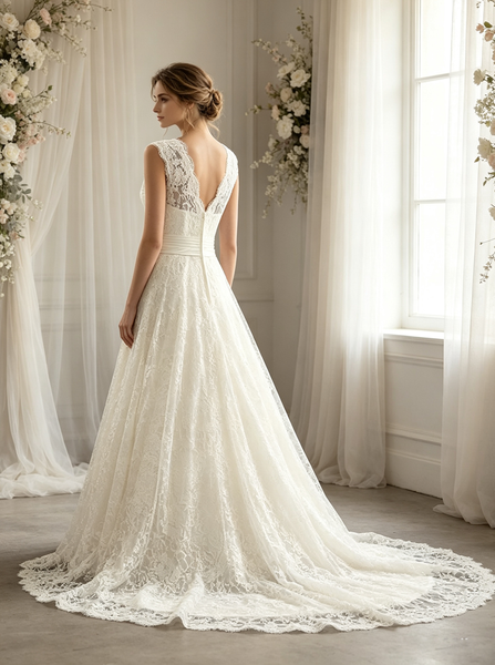 A-line Lace Wedding Dress with V Neckline,Modest Wedding Gown,WD00526