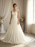 A-line Lace Wedding Dress with V Neckline,Modest Wedding Gown,WD00526