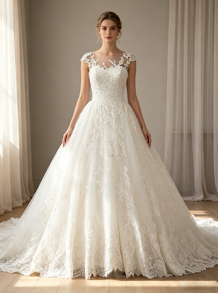 Princess Wedding Dress with Illusion Neckline,Gorgeous Bridal Gown with Lace,WD00524