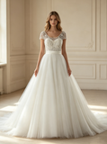 Elegant Wedding Dress with Beaded Bodice,Princess Wedding Gown with Short Sleeves,WD00520