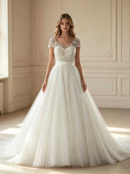 Elegant Wedding Dress with Beaded Bodice,Princess Wedding Gown with Short Sleeves,WD00520