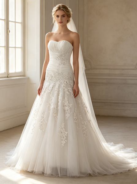Strapless Mermaid White Wedding Dress,Tulle Pleated Wedding Gown,WD00523