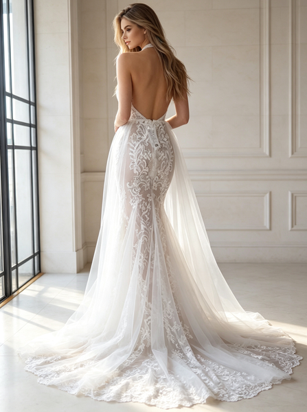 Fitted Wedding Dress,Open Back Halter Bridal Dress,WD00465