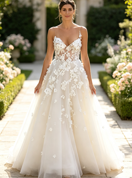 A-line Spaghetti Straps Wedding Dress,Floral Bridal Dress,WD00466