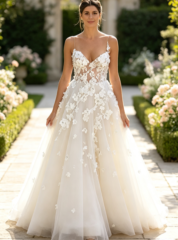 A-line Spaghetti Straps Wedding Dress,Floral Bridal Dress,WD00466