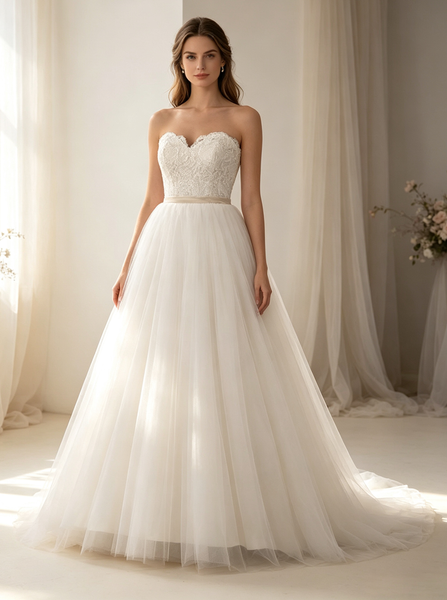 Sweetheart Simple Wedding Gown with Belt,Lace Tulle Skirt Outdoor Wedding Gown,WD00522