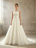 Elegant A-line Lace Wedding Dress,Ivory Scoop Neckline Bridal Dress,WD00521