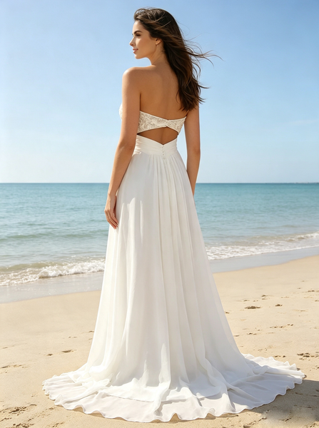 Sweetheart Wedding Dresses Beach,Chiffon Open Back Outdoor Wedding Dress,WD00558