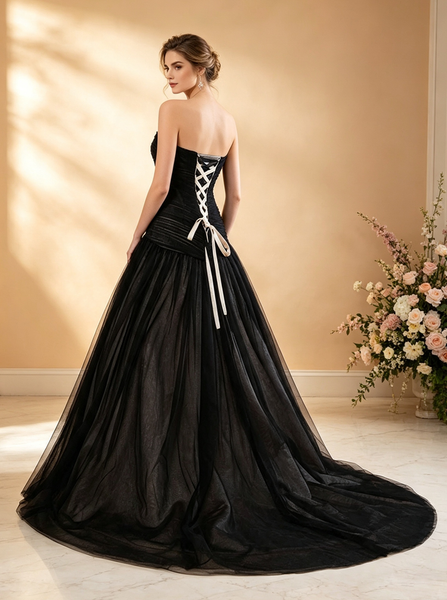 Black Mermaid Wedding Dresses,Unique Pleated Tulle Bridal Dress,WD00562