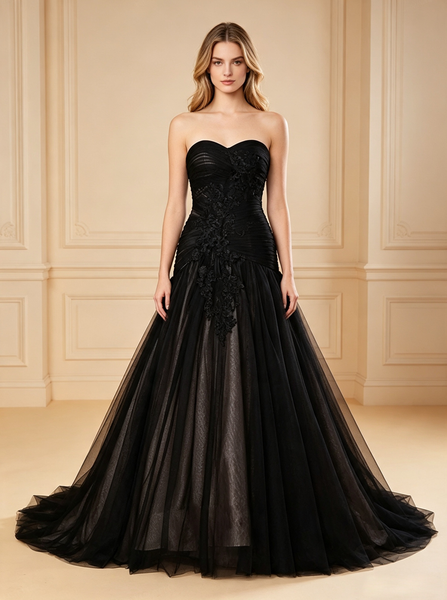 Black Mermaid Wedding Dresses,Unique Pleated Tulle Bridal Dress,WD00562
