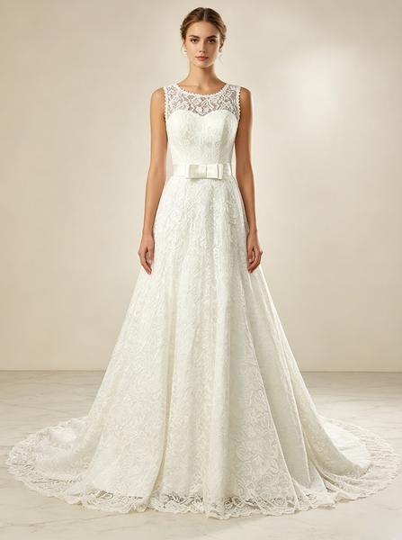 Lace Wedding Dress,Modest A-line Bridal Dress with Belt,WD00563