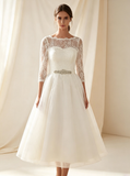 Ivory Tea Length Wedding Dress with Sleeves,Modest Wedding Reception Dress,WD00565