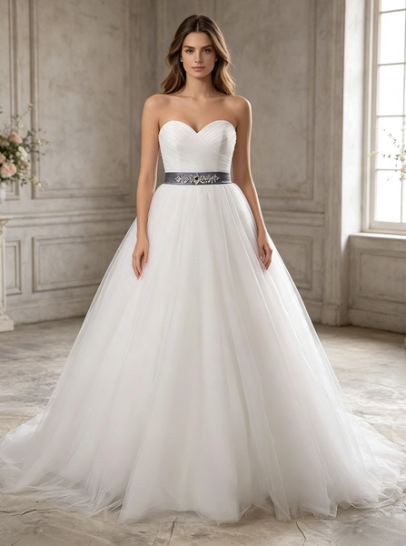 Simple A-line Tulle Wedding Dress with Belt,Sweetheart Neckline Bridal Gown,WD00573