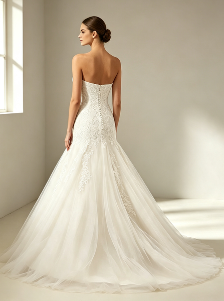Ivory Mermaid Wedding Gown,Tulle Princess Wedding Dress with Appliques,WD00579