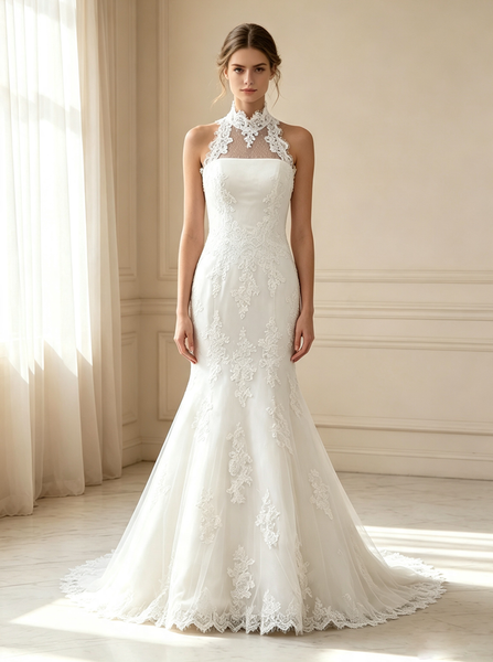 Mermaid High Neck Wedding Dresses,Vintage Wedding Dress with Sheer Back,WD00584
