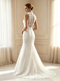 Mermaid High Neck Wedding Dresses,Vintage Wedding Dress with Sheer Back,WD00584