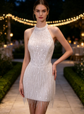 Sparkly Sequin Halter Neckline Mini Length Wedding Dress,Open Back Beaded Fringe Reception Dress,WS25103122