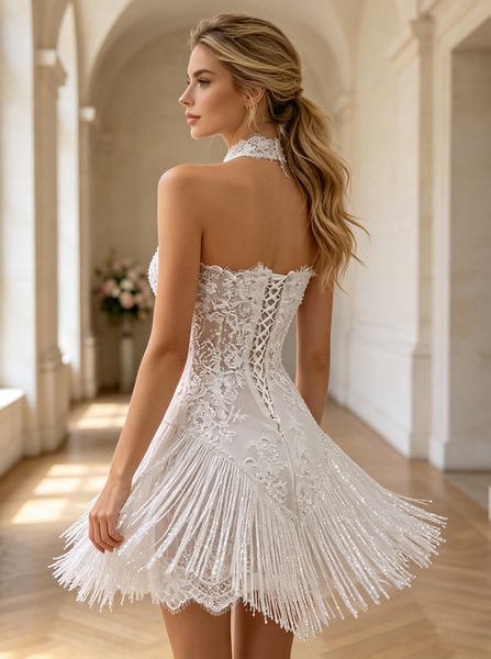 Halter Custom Short Wedding Dress,Lace Fringe Mini Wedding Dress,Sparkly After Party Outfit,WS25103125