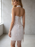 Lace Fringe Mini Wedding Dress,Halter Mini Wedding Dress,Corset Reception Dress,WS25103126