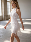 Lace Fringe Mini Wedding Dress,Halter Mini Wedding Dress,Corset Reception Dress,WS25103126