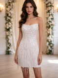 Sparkly Short Fringed Party Dress,Beaded Mini Bridal Dress,Fitted After Party Dress,WS25103127