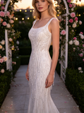 Luxury Pearl Wedding Dress With Slit,Open Back Long Wedding Dress,Sparkly Fringed Bridal Dress,WS25103129