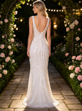 Luxury Pearl Wedding Dress With Slit,Open Back Long Wedding Dress,Sparkly Fringed Bridal Dress,WS25103129