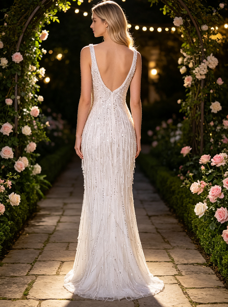 Luxury Pearl Wedding Dress With Slit,Open Back Long Wedding Dress,Sparkly Fringed Bridal Dress,WS25103129