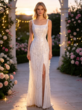 Luxury Pearl Wedding Dress With Slit,Open Back Long Wedding Dress,Sparkly Fringed Bridal Dress,WS25103129