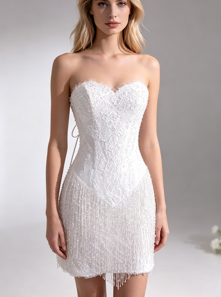 Sparkling Fringed Mini Dress,Short Lace Party Dress,Sweetheart Mini Wedding Dress,WS25103131