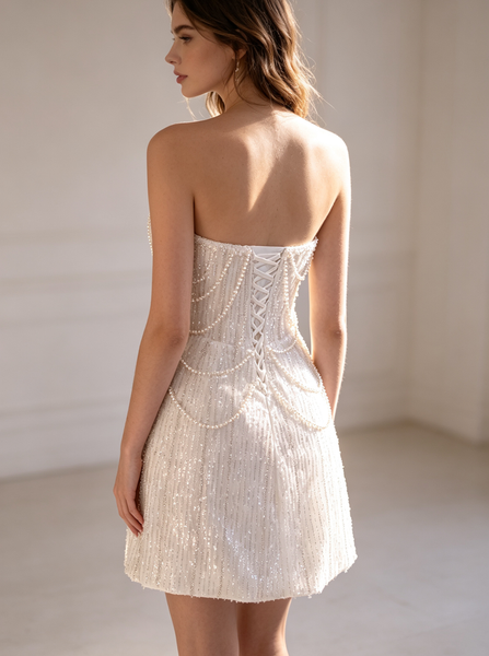 Strapless Mini Wedding Dress,Pearl Sequin Reception Dress,Sparkly Bride After Party Dress,WS25103132